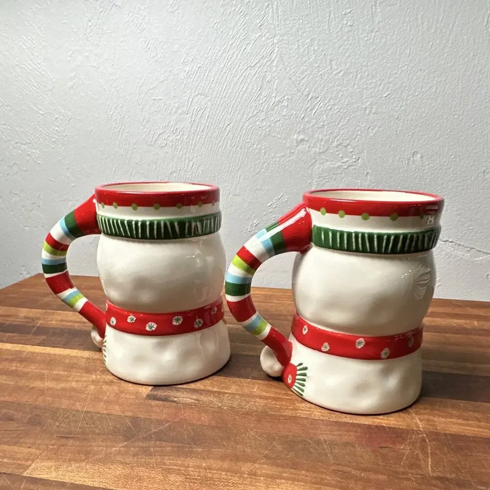 Pier 1 Hand-Painted Ceramic Snowman Christmas Mugs Set of 2, 6in MPN 2700247